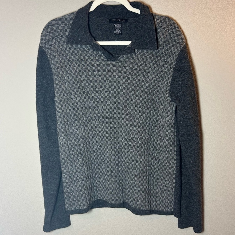 Mens Large Sweater with Collar Grey Lambs Wool Checker Preppy Kenneth Cole - Picture 6 of 10